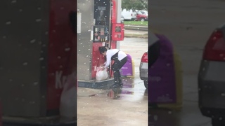 lady puts gas in plastic Bag