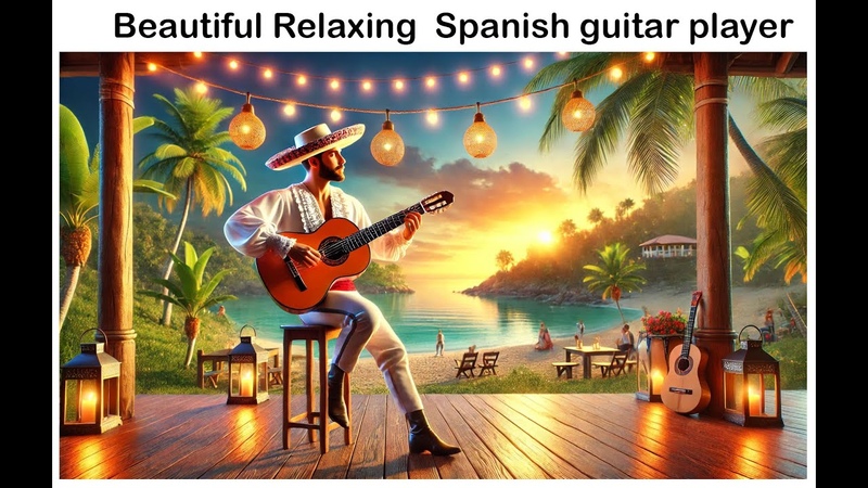 Beautiful Relaxing Spanish guitar player performing on a scenic outdoor stage (