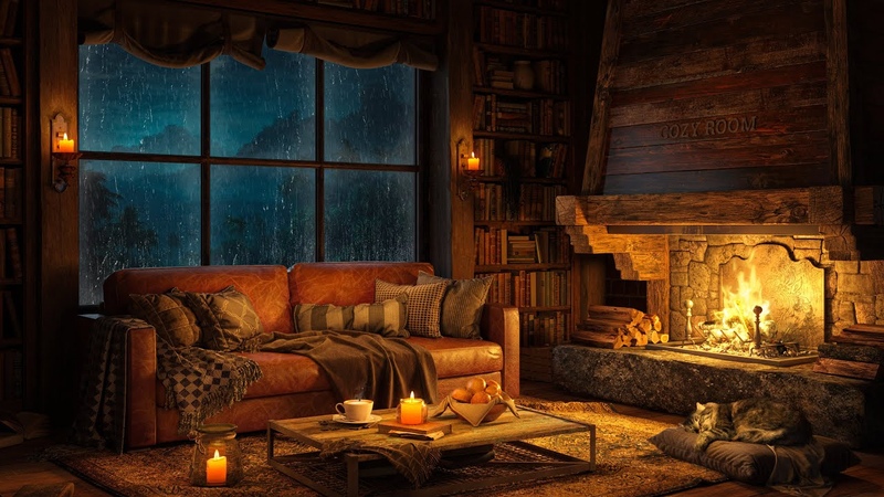Cozy Cabin Ambience Rainy Night with Soft Jazz Heavy Rain, Fireplace Sounds to Relax, Sleep 4
