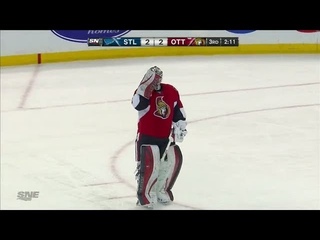 Robin Lehner’s throat guard shattered on shot