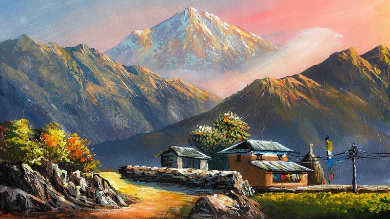 VILLAGE PAINTING, Acrylic Landscape Painting in Time lapse, Old Village Houses, Nepali