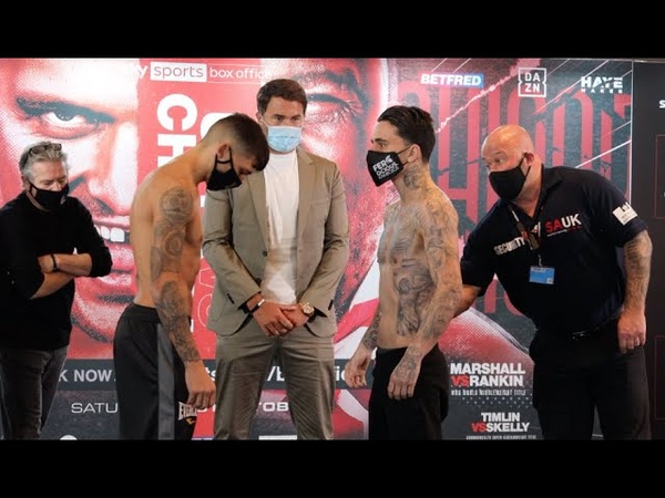 GEROGE KAMBOSOS JR ATTEMPTS TO GET INTO LEE SELBYS FACE SPACE AT WEIGH IN, USYK v